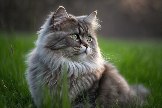 The cat sits on a green lawn and looks to the side. A close up picture of a fluffy gray cat with green eyes in the wild. Siberian stock. Generative AI