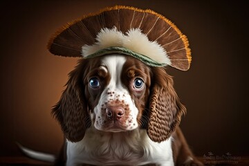 Brown and white Spaniel puppy dog wearing a Thanksgiving turkey hat and looking at the camera. Generative AI