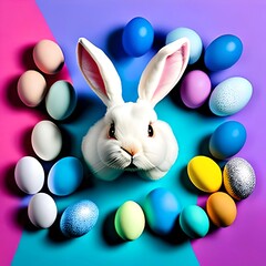 easter bunny with eggs on colourful background 