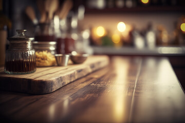 Obraz premium Kitchen wooden table top with blur background. Created with Generative AI Technology