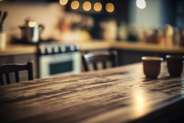 Obraz premium Kitchen wooden table top with blur background. Created with Generative AI Technology