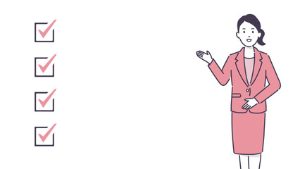 笑顔の女性とチェックマークのイラスト、コピースペース、ベクター