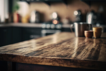 Plakat Kitchen wooden table top with blur background. Created with Generative AI Technology