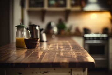 Fototapeta na wymiar Kitchen wooden table top with blur background. Created with Generative AI Technology