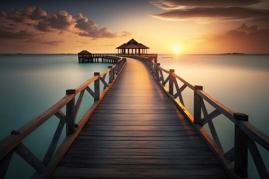 picture of the pier going to the island in the Maldives at sunrise, a symbol of the idea of luxury vacation. Generative AI
