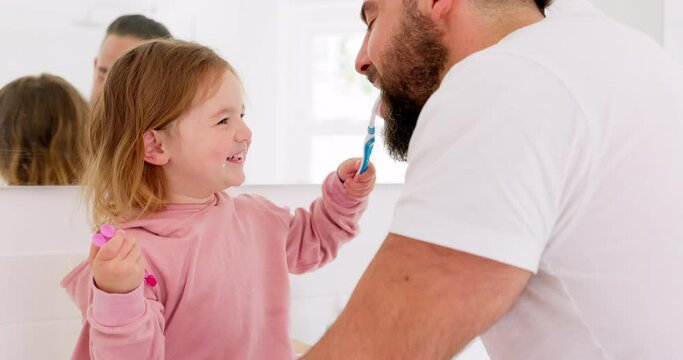 Happy family, dental and brushing teeth with girl and father in bathroom for hygiene, learning and grooming. Love, teeth and oral care by parent with daughter play, laugh and cleaning in their home