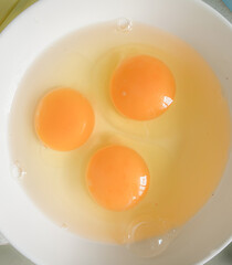 Eggs in a crockery looks appetizing It's a simple breakfast. with high nutritional components such as protein or fat Egg yolks contain cholesterol ,egg whites contain muscle-building protein.
