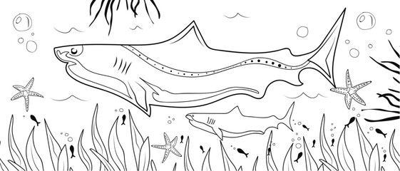 Underwater Coloring Page With Shark - Illustration
