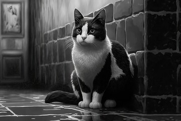 Cute black and white cat with a monochromatic wall in the background. Generative AI