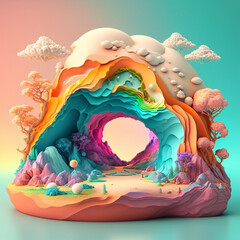 Illustration of a magical landscape as a statuette, ornament, souvenir or pillar. Porcelain artwork with rainbow pastel colors made with Generative AI