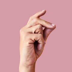 Click, finger snap and hand of man in studio for attention, ok and idea expression isolated on pink...