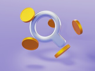 Glass magnifier with golden coins on isolated background 3d rendering