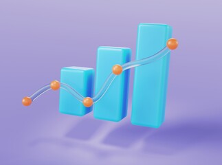 Blue graph in the form of columns with glass elements on an isolated background 3d render