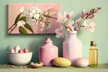 Spa still life with spring flowers on a pink wall. Generative AI