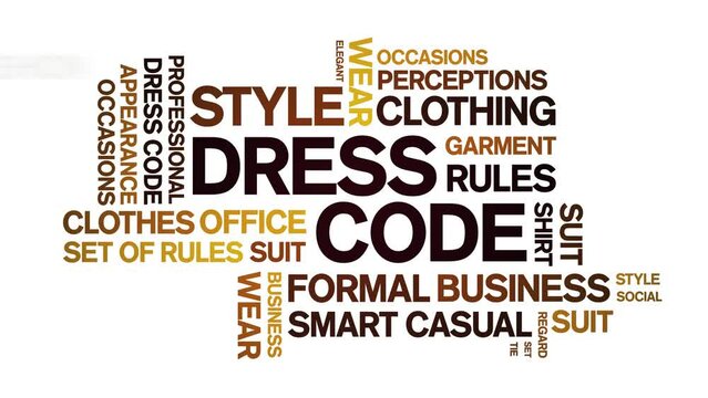Dress Code animated tag word cloud;text design animation kinetic typography seamless loop.