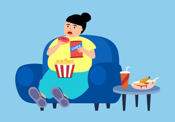 Obese woman overeating on couch in flat design. Food addiction.