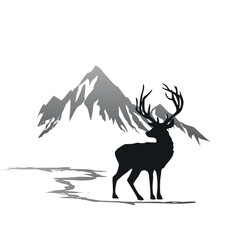 deer, pine and mountain hill of winter 