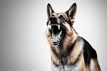 On a white background, there is a banner of a German shepherd with its mouth open, barking and attacking in an aggressive way. A dog that is mean shows its dangerous teeth. A white guard dog with shar