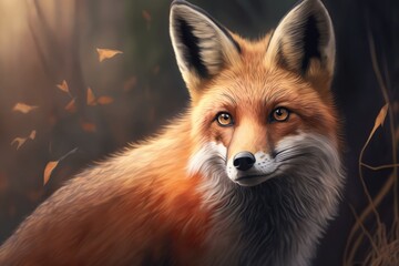 A picture of an illustrated red fox. The forest fox has a cute, fluffy face. Generative AI