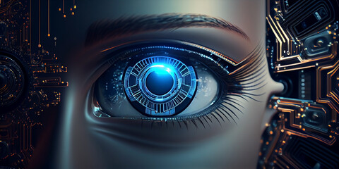 Machine vision, a glowing human electronic eye on the background of an electronic circuit. Generative AI