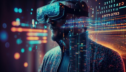 closeup Man wearing vr augmented reality in Abstract holography with data and graph background ,multicolor projector light illumination. VR, augmented reality by ai generative