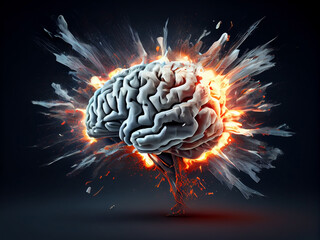 Fiery explosion of the human brain, concept, on a dark uniform background. Generative AI