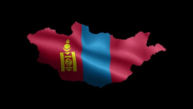 4K waving national flag of Mongolia on the map. Loop alpha channel seamless Mongolian flag on territory. Outline geographic country border of Mongolia stock video.