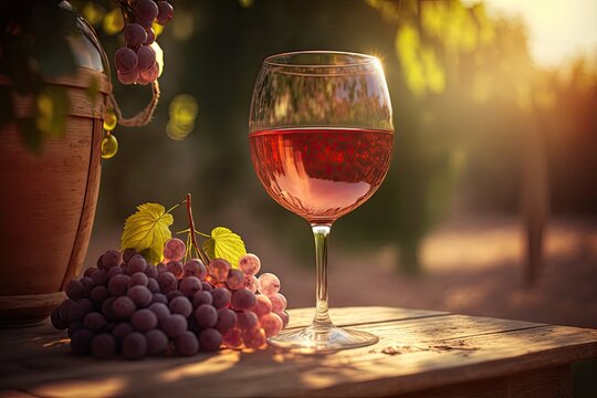 Outdoors at a vineyard party, a glass of rose wine is poured and sipped while ripe grapes sit on a wooden table in the bright sunlight. Generative AI