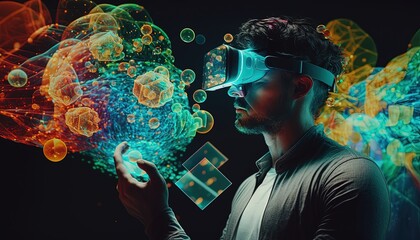 illustration of Man wearing vr augmented reality. Abstract holography with data and graph. multicolor projector light illumination. VR, augmented reality, by ai generative