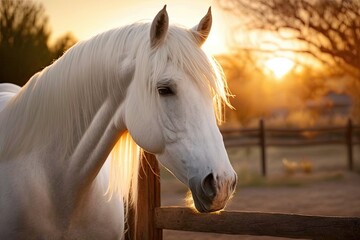 A picture of a horse in the sun at sunset. Close up picture of a white horse with a white mane. At sunset, a white horse is in a paddock. horse walks in a street paddock. Having horses and raising the - obrazy, fototapety, plakaty