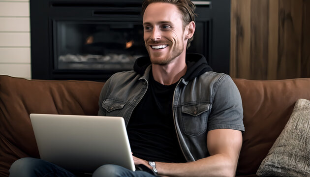 Man working on laptop smiling.  Ai generated