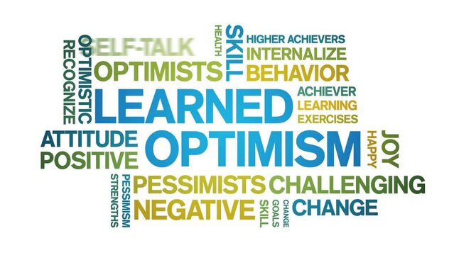 Learned Optimism animated tag word cloud;text design animation kinetic typography seamless loop.