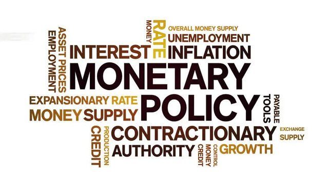 Monetary Policy animated tag word cloud;text design animation kinetic typography seamless loop.