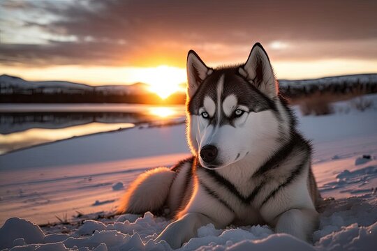 The Siberian Husky is a beautiful, free, and proud canine breed, and this close up portrait of one lounging in the snow at sunset is a fitting symbol of its innate winter beauty and. Generative AI