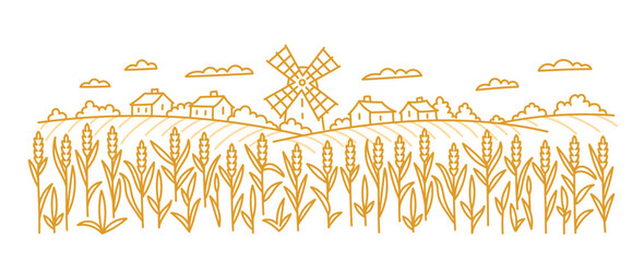 Landscape fields with a windmill. Wheat spikelets in the foreground. Vector contour line. Editable outline stroke.