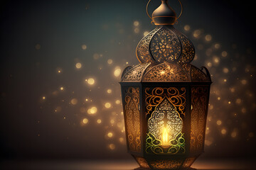 Fototapeta na wymiar Ornamental Arabic lantern with burning candle glowing at night made with Generative AI
