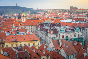 Fototapeta na wymiar Panoramic view over the cityscape of Prague at dramatic sunset, Czech Republic