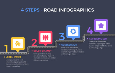 Road infographics template with four elements with place for your icons and text