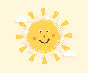 Smiling sun with clouds on yellow background, good morning concept