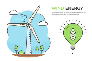 Wind energy concept - wind turbine with lightbulb with leaf inside, line style