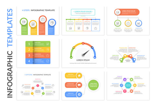 Set of 9 colorful infographic templates - process, flowchart, gauge chart, circle diagram