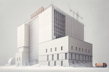 On a white backdrop, a building in the middle of construction with a completed building facade. Generative AI