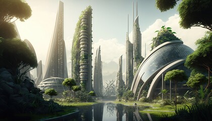 An eco-futuristic cityscape with ESG (environmental, social, and governance) concept - AI Generated 