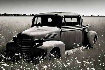 Fototapeta premium abandoned vehicle in field black and white 