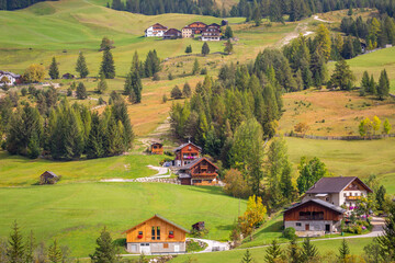 Fototapeta na wymiar Alpine village in Val di Funes, South Tyrol trentino Alto Adige, Italy