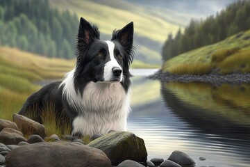 A picture of a pretty border collie dog by a river. Generative AI - obrazy, fototapety, plakaty