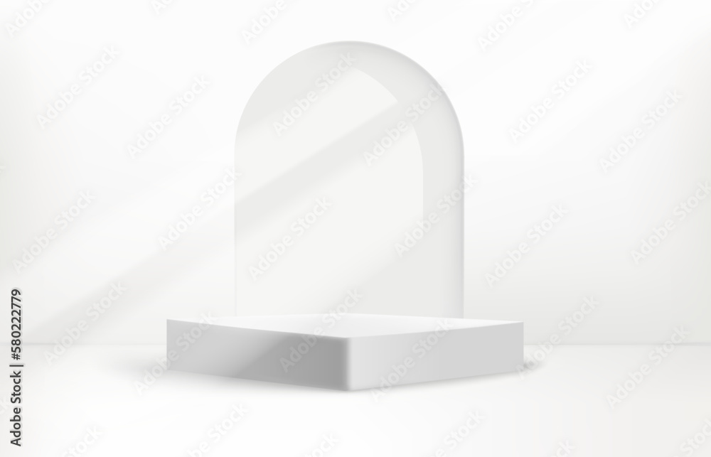 Poster bright illuminated room with portal and podium. showcase template. 3d vector background