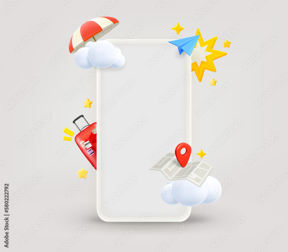 Poster modern smartphone with travel elements and blank screen. 3d vector illustration