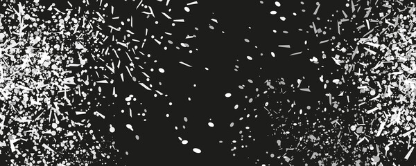 Confetti on isolated background. Texture with many glitters. Holiday elements on black. Pattern for flyers, banners and textiles. Black and white illustration