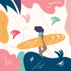 vector hand drawn graphic illustration of people taking surf, rocks, leaves, etc